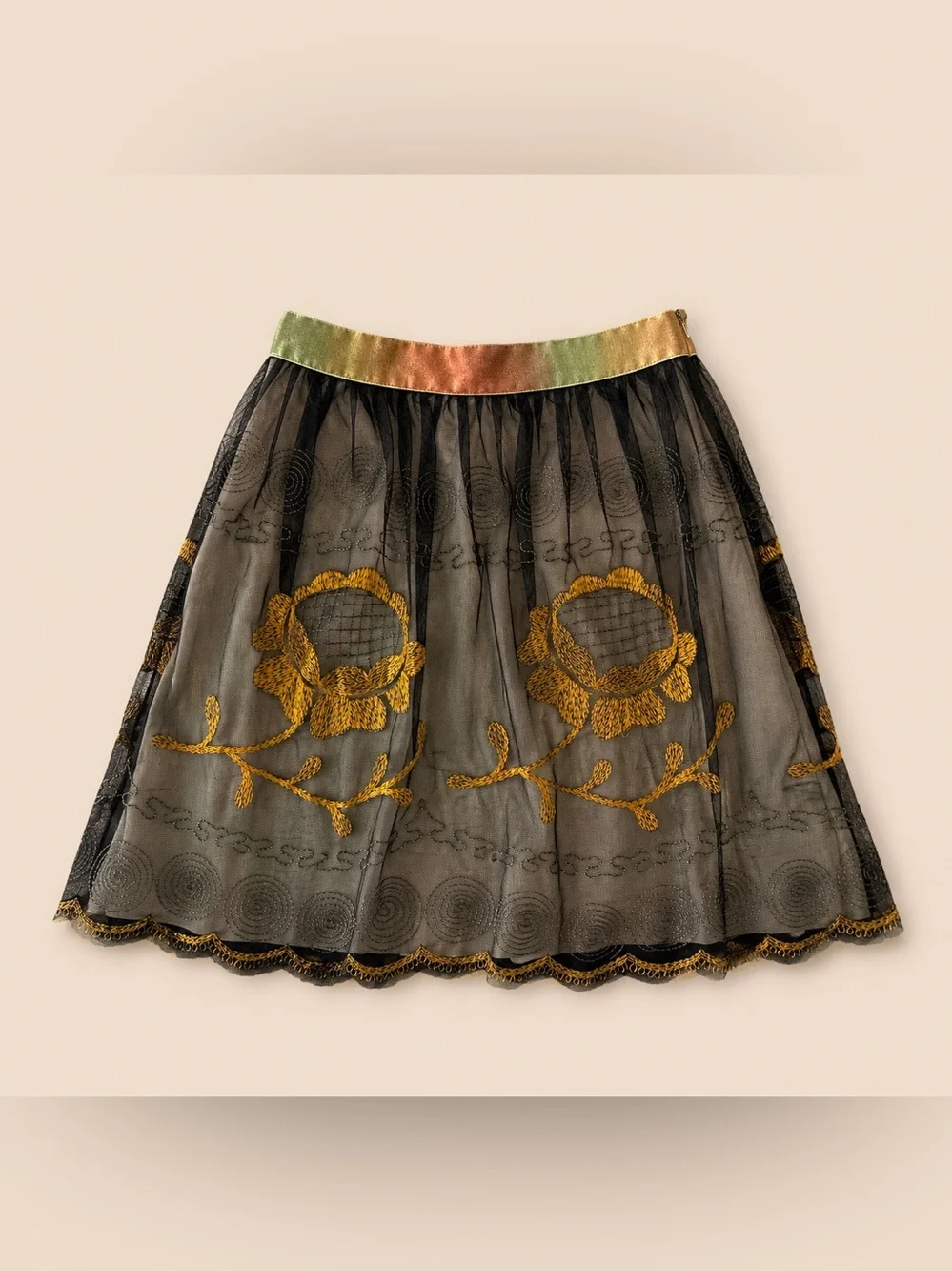 Free People Gold Floral Layered Embroidered Mesh Skirt Boho Whimsigoth Fairycore